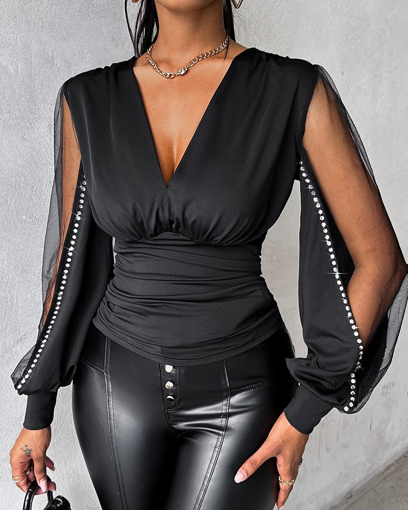 Out-Shine | Plunge Lantern Sleeve Ruched Top