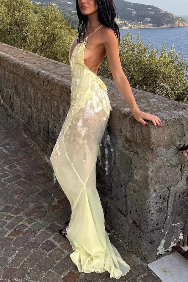 Out-Shine | V-Neck Sequins Fishtail Hem Backless Gowns Slip Maxi Dresses-Yellow