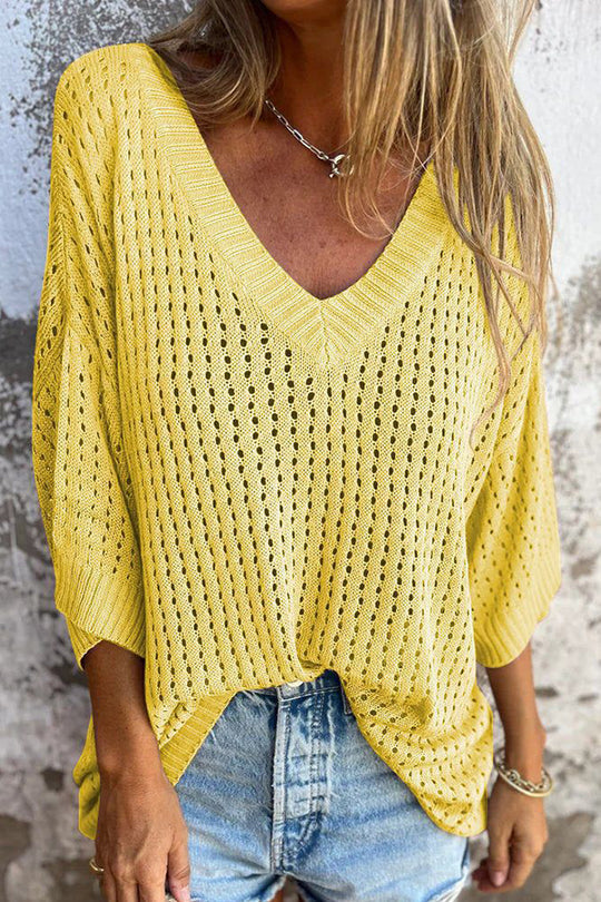 Out-Shine | Hollow V-Neck Long-Sleeved Casual Loose Knitted Top