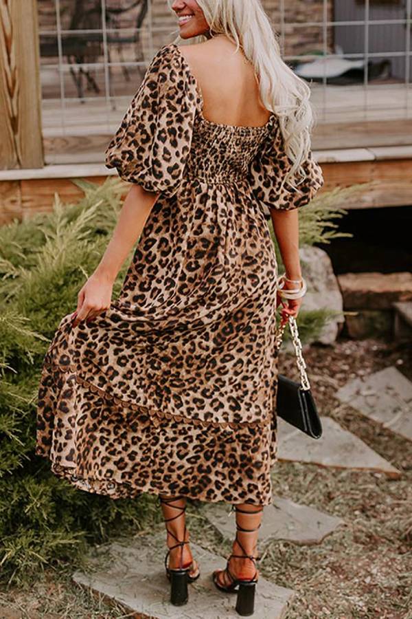 Out-Shine | Leopard Print Puff Sleeve Ricrac Maxi Dress