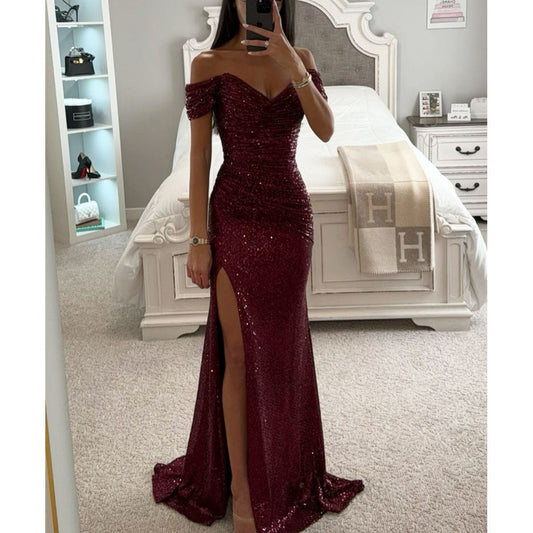 Out-Shine | Off Shoulder Evening Dress with Sequins Elegant Party Dress with Slit and Figure-hugging Cut for Festive Occasions