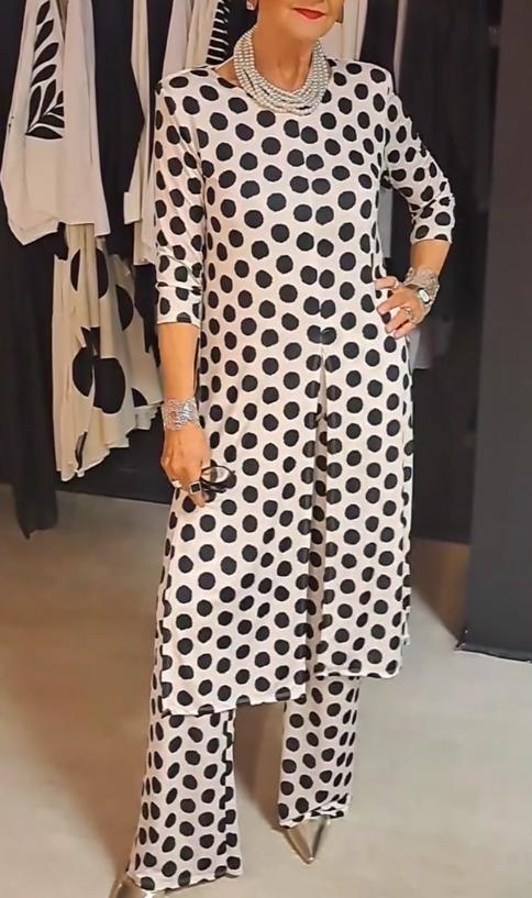 Out-Shine | Women's Round Neck Long Sleeve Polka Dot Print Suit