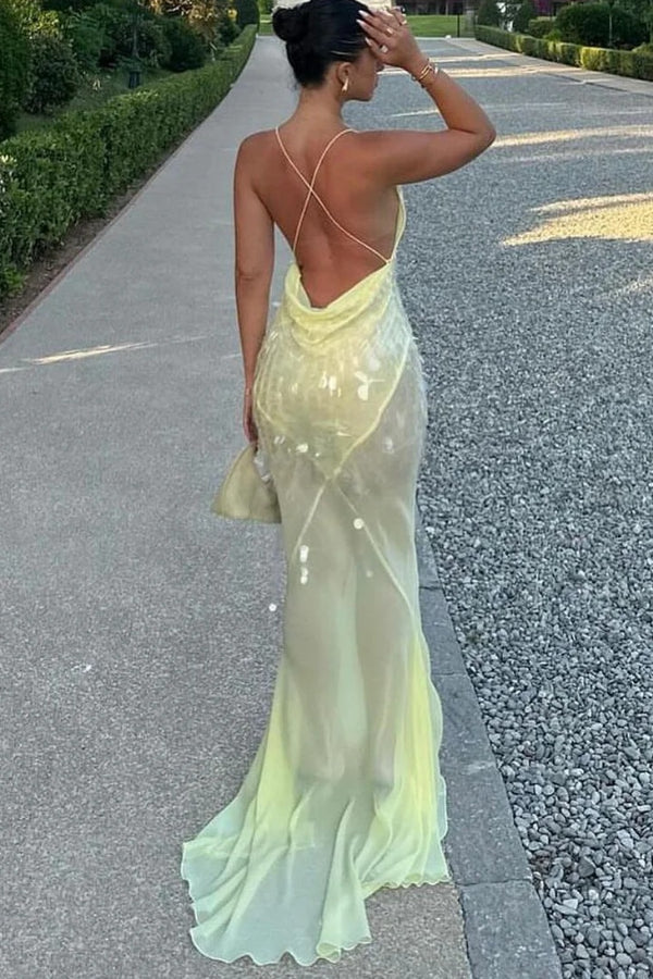 Out-Shine | V-Neck Sequins Fishtail Hem Backless Gowns Slip Maxi Dresses-Yellow