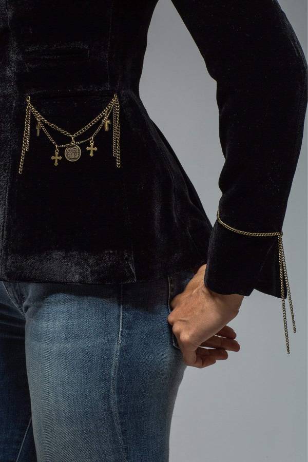 Brillar con luz propia | Blazer dorado de terciopelo de manga larga con bolsillos