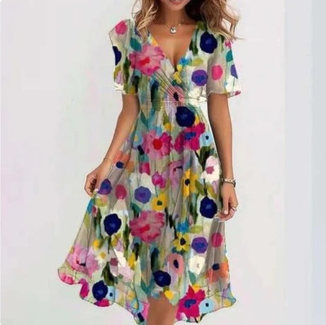 Out-Shine | Flower V-Neck Dress With A Flowing Skirt For Women