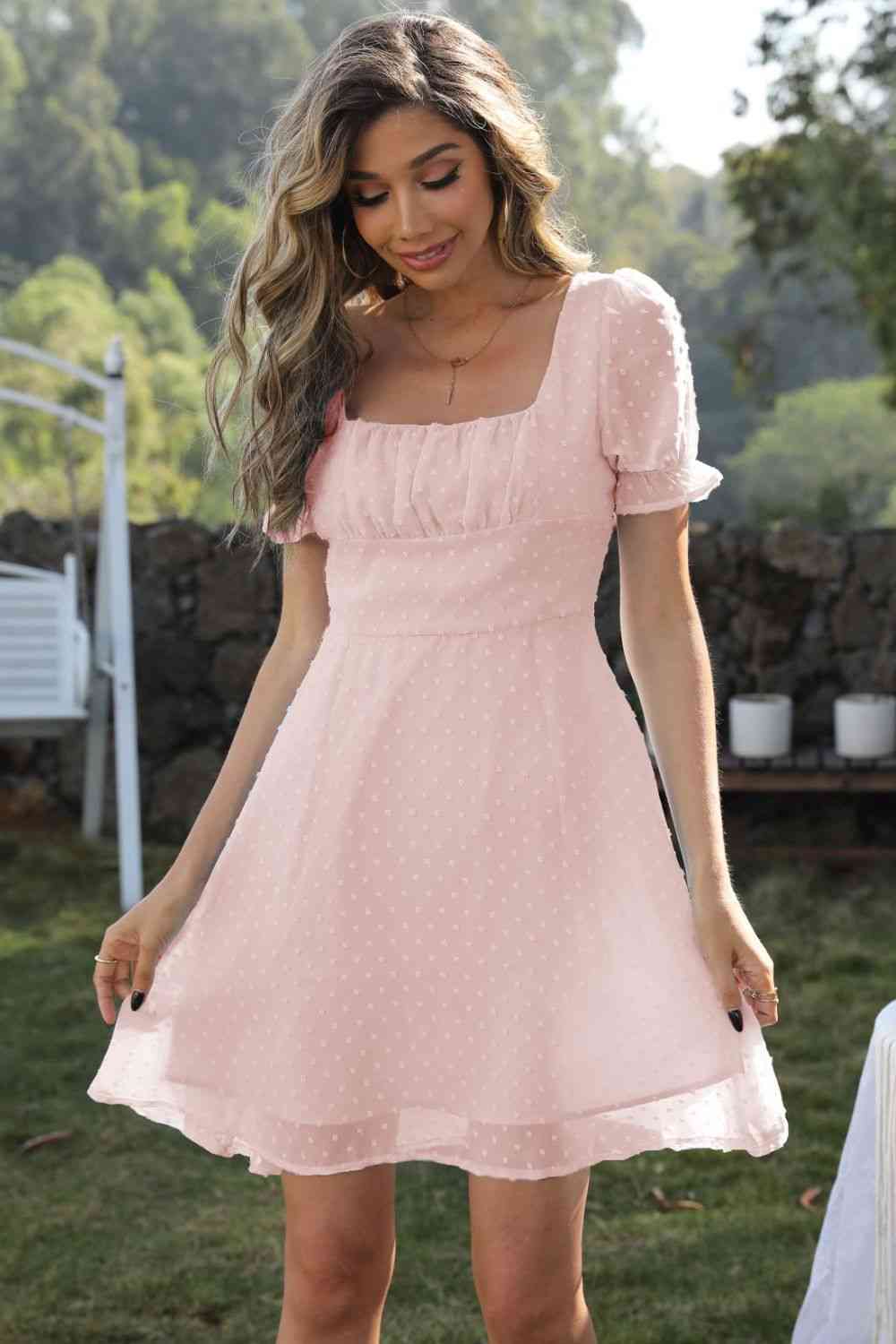 Out-Shine | Square Neck Swiss Dot Flounce Sleeve Dress