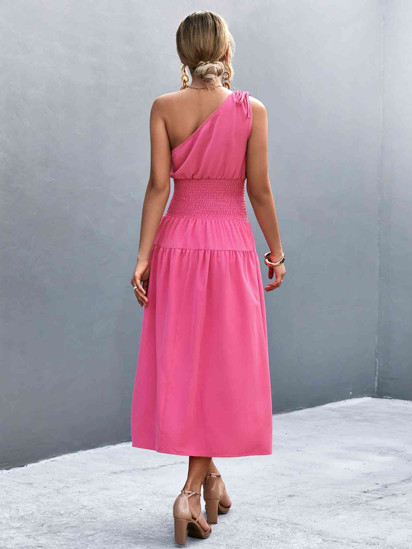 Out-Shine | Asymmetrical One Shoulder Smocked Waist Midi Dress