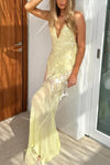 Out-Shine | V-Neck Sequins Fishtail Hem Backless Gowns Slip Maxi Dresses-Yellow