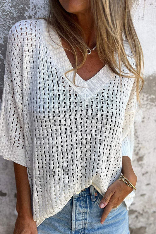 Out-Shine | Hollow V-Neck Long-Sleeved Casual Loose Knitted Top
