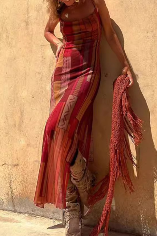 Deslumbra | Vestido de malla con tirantes elásticos, estampado y sin mangas