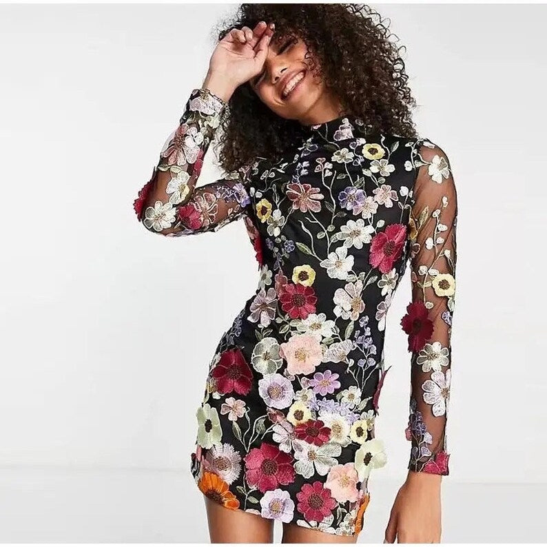 Out-Shine | Mini Dress With Floral Applications And Translucent Look