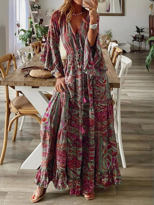 Out-Shine | Women Bohemianpaisley Print & Trumpet Sleeve Dress Maxi