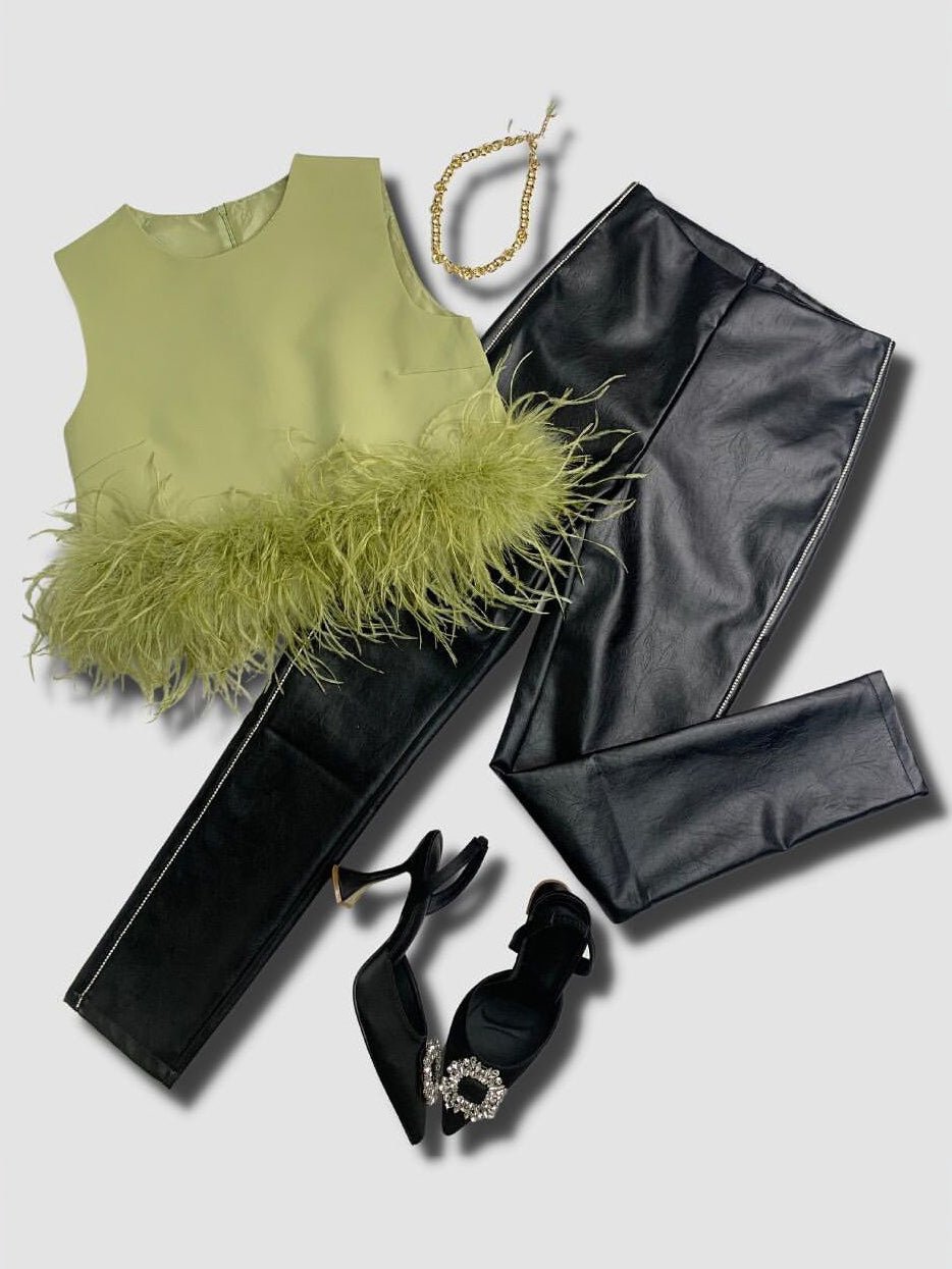 Out-Shine | Women's Crop Top Short - Sleeved Panel Feather Tank Top