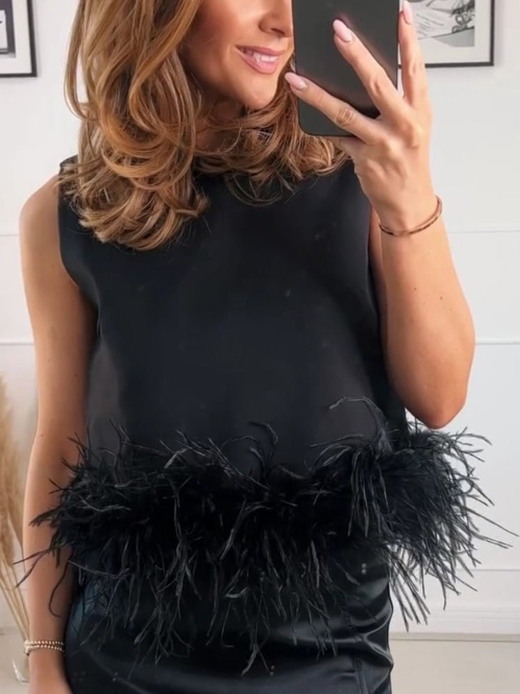 Out-Shine | Women's Crop Top Short - Sleeved Panel Feather Tank Top